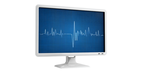 an image of a blue-colored individual monitor with a heart rate line graph on the screen, against a white background, in a transparent png format