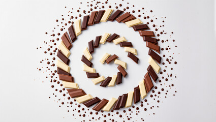 Creative chocolate spiral arrangement on a white background