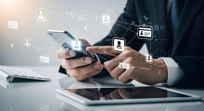 Business professional using smartphone with digital security icons floating around for online security data protection and mobile technology concept