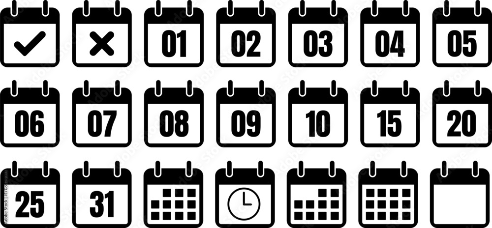 Poster collection of calendar icons with dates and symbols