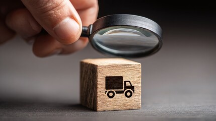 Inspecting Delivery: Magnifying glass hovers over wooden block with truck icon, symbolizing logistics and scrutiny.