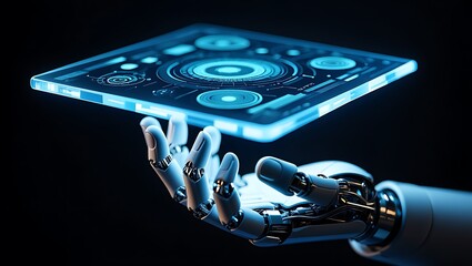 Robot hand holding digital display with hud interface and data analysis