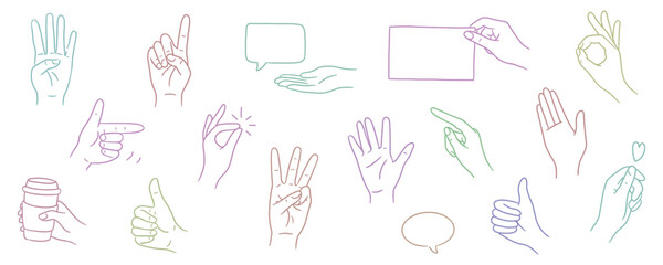 Colorful one line vector illustrations of hands showing gestures, signs, and symbols. Minimalist outline design with speech bubbles, coffee cup, and card for communication and lifestyle projects.