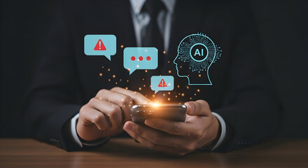 Businessperson using smartphone with AI and data analysis icons representing technology innovation and digital communication in modern workspace