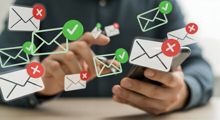 Businessman managing multiple email messages on smartphone with notifications and icons representing email communication and inbox management in digital technology context