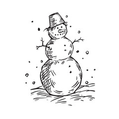 Outline snowman with snowfall on white background. Winter coloring. Christmas line art