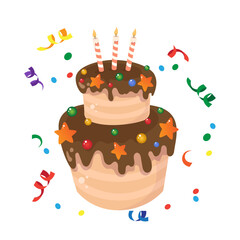 Cute birthday cake. Layered cake with candles, party decorations, greeting cards, and celebration designs.