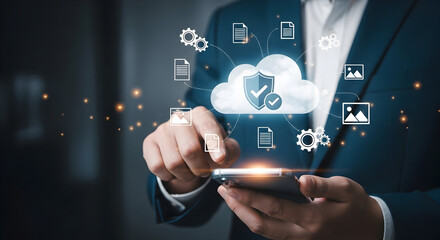 Businessman interacting with cloud computing technology on smartphone representing data security and digital transformation in modern enterprise