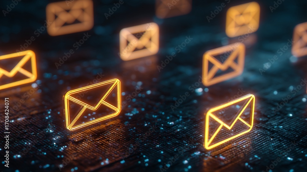 Poster email icons on circuit board: digital communication flows through the electronic network, represente