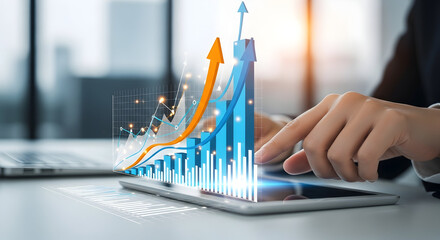 Businessperson Analyzing Financial Data on Tablet with Graphs and Charts Showing Growth and Trends in a Modern Office Environment for Investment and Market Analysis