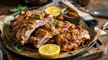 Mustard glazed pork slices with whole grain coating on rustic wooden board garnished with fresh rosemary and lemon slices in natural lighting
