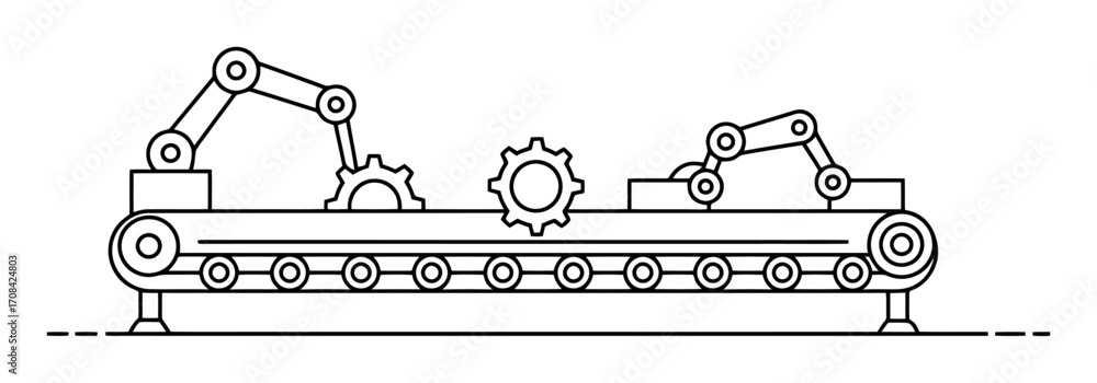 Poster robotic gears assembly line vector. minimalist industrial automation conveyor system design