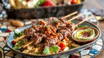 Obraz premium Moroccan lamb kebabs with harissa glaze on jeweled couscous with fresh mint and creamy herb dip on decorative ceramic plate
