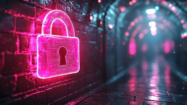 A neon pink padlock symbol hovers in a dark digital tunnel illuminated by futuristic lights