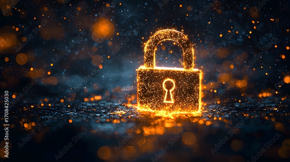 Poster a digital padlock icon made of glowing orange particles symbolizes cybersecurity and secure access i