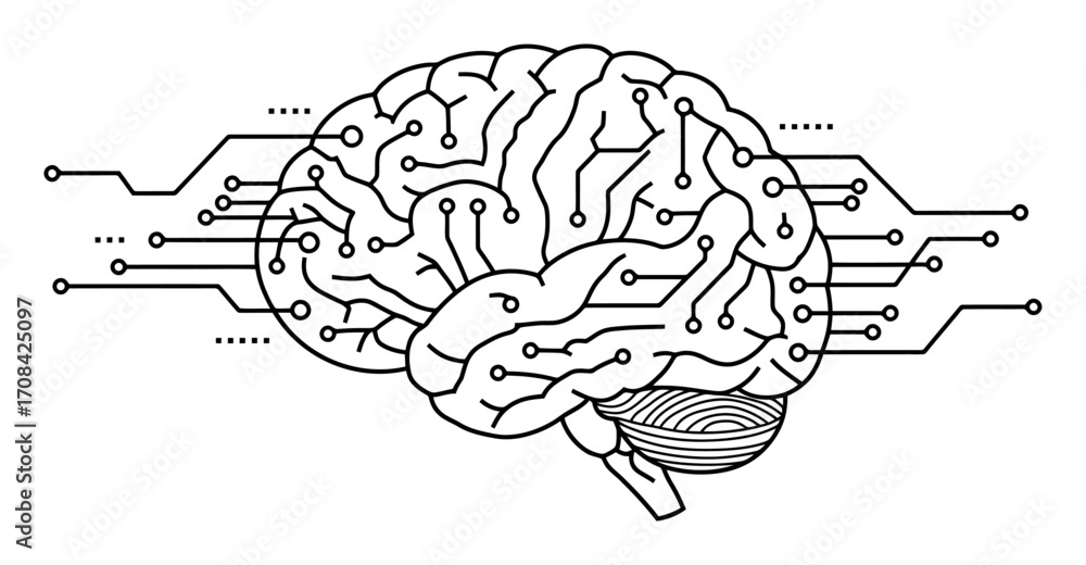 Poster minimalist cybernetic brain vector | ai technology, digital circuits & data streams on white
