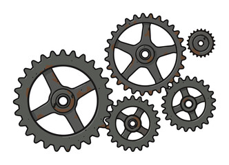 Rusty Cogwheel System Vector - Industrial Gears, Minimalist Design, White Background