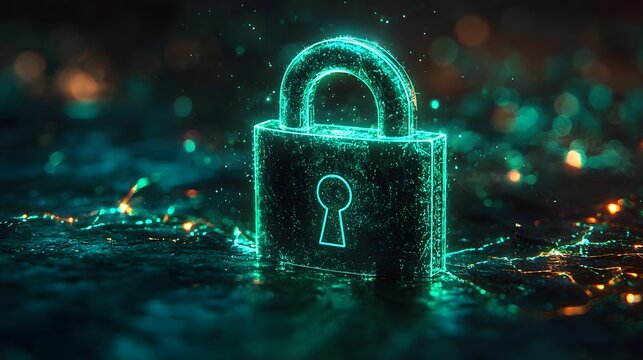 A glowing green padlock icon formed by neon light and digital particles symbolizes security in the digital realm