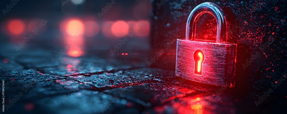 Poster a metal padlock glows with an intense red neon light against a dark wet and textured background with