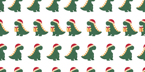 Christmas dinosaur pattern with cute green dinos wearing Santa hats and holding gift boxes on a white background. Seamless festive design perfect for holiday wrapping paper, kids’ Christmas decoration