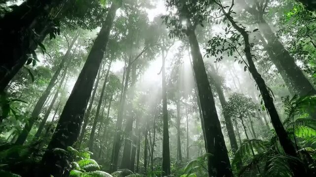 A serene and mystical forest scene with tall trees and lush greenery taking a deep breath of fresh air in a tranquil atmosphere with sunlight filtering through the fog.