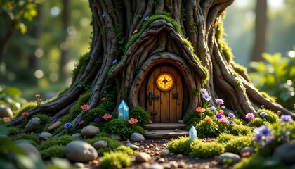Fototapeta premium A tiny wooden house nestled within the twisting roots of an ancient tree, decorated with delicate flowers and shimmering crystals, creating a magical oasis for the unseen inhabitants.