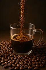 A close up shot captures the moment freeze dried coffee is added to a cup. The scene is surrounded by roasted coffee beans on a dark background.