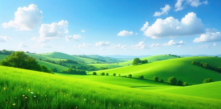 Beautiful countryside landscape with green fields, rolling hills, and blue sky , farm, trees
