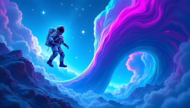 The scene portrays a lone astronaut hovering in mid air, a look of wonder on their face as they gaze out at the swirling sea of vivid blues and purples that envelop them