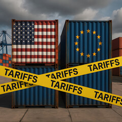 This image represents a trade dispute and economic conflict between the USA and Europe. The yellow barrier symbolizes import taxes and protectionism.
