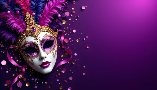 A vibrant and festive Mardi Gras poster featuring a colorful Venetian masquerade mask surrounded by shimmering confetti and elegant feathers, all set against a rich purple background