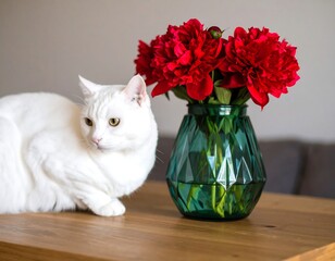 White cat and red peonies