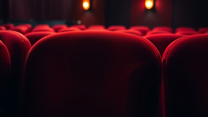 Fototapeta premium A cozy red velvet movie theater seat, dimly lit with a blurred background of the theater.