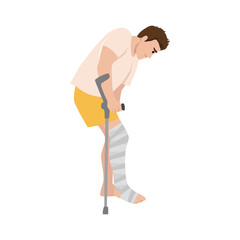 Man with a leg injury using crutches and wearing bandages. Flat vector illustration isolated on white background