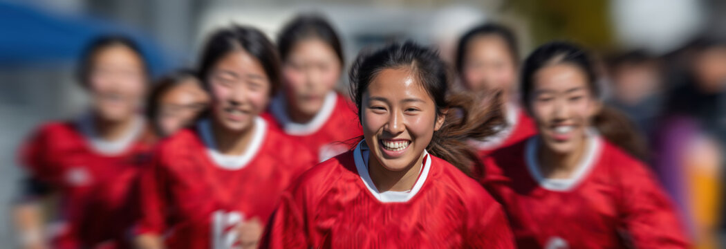 Smiling Japanese schoolgirls enjoy an after school soccer game, promoting active living and meaningful friendships through play. - Powered by Adobe