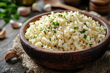 Rustic bowl filled with fluffy cauliflower rice parsley garnish high resolution picture