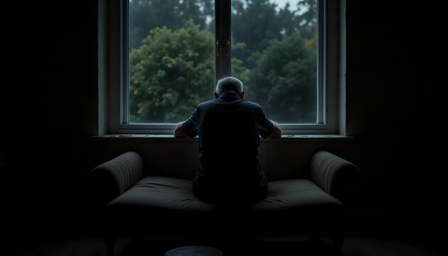 The elderly man sat alone in his dimly lit living room, his gaze fixed on the rain streaked window - Powered by Adobe