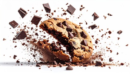 chocolate cookie and chocolate chunks on a white background
