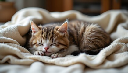 A domestic feline animal curled up in a cozy ball, peacefully sleeping on a soft blanket, with gentle purring sounds filling the room.