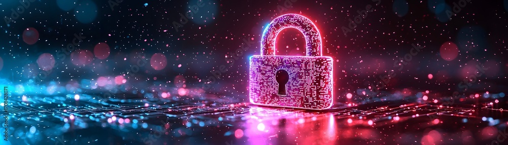 Poster futuristic glowing padlock icon with digital circuitry on a neon lit dark background with bokeh