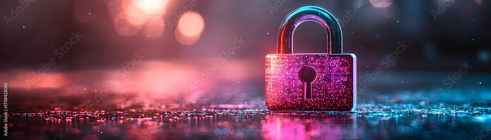 Poster a glowing digital padlock with neon circuitry patterns on a dark bokeh lit background symbolizes cyb