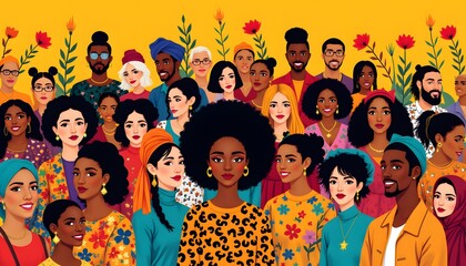 An illustration depicting a group of diverse individuals of African descent, celebrating their heritage and contributions to society, surrounded by symbols of unity and resilience.