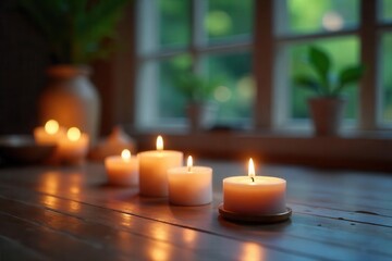Soft lit candles for a peaceful meditation session in a serene space , self-care, therapy
