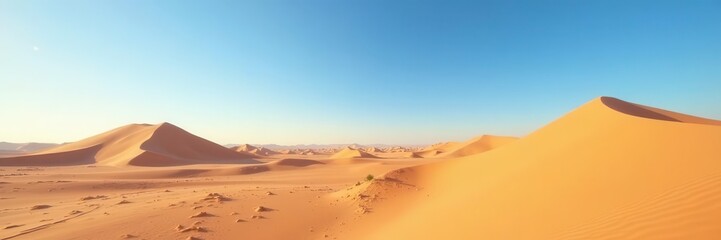 Vast desert landscape with towering sand dunes under a clear blue sky, sunny, wilderness