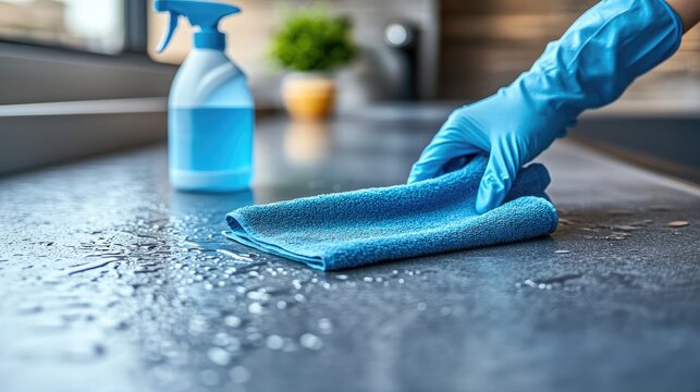 Cleaning kitchen countertop with blue cloth and spray bottle