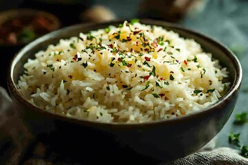 Rustic bowl fried rice chili herb garnish vibrant plate high resolution picture