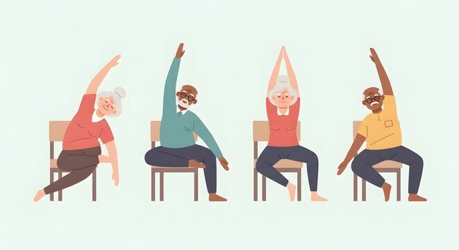 Active multiethnic senior group practicing gentle chair yoga for health and wellness illustration