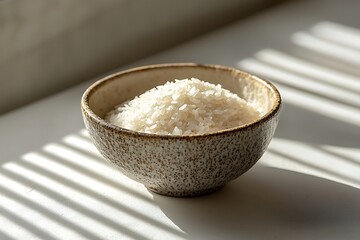 Rustic bowl of white rice grains sunlit highlights high resolution picture