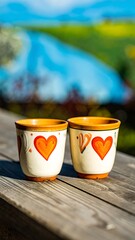 Two heart-shaped mugs on a wooden surface outdoors