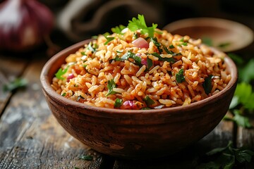 Rustic bowl spiced rice topped with fresh cilantro high resolution picture